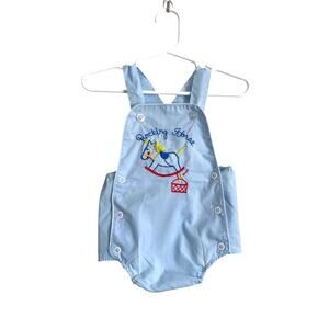 Cuties by Judy vintage rocking horse romper one piece embroidered blue 3/6m
